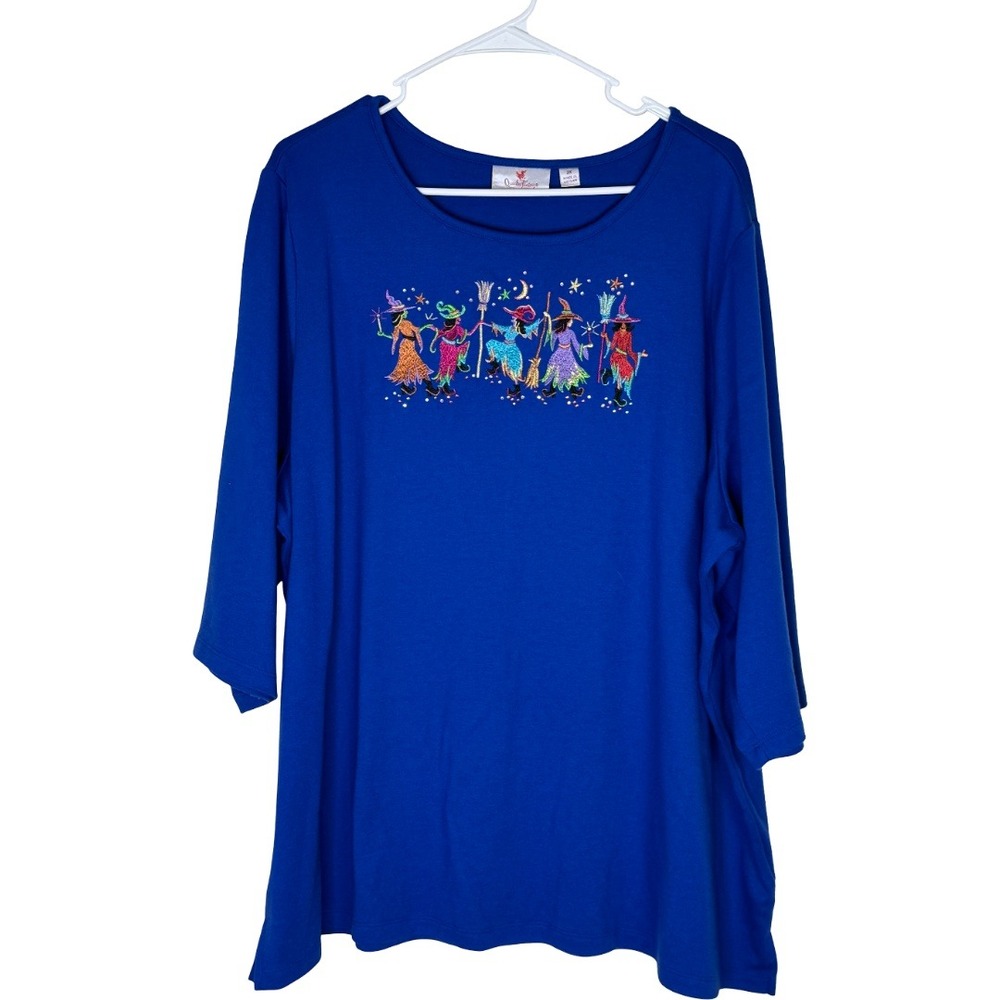 Quacker Factory Halloween Witch Top Womens 3X Blue Embroidered Rhinestone
